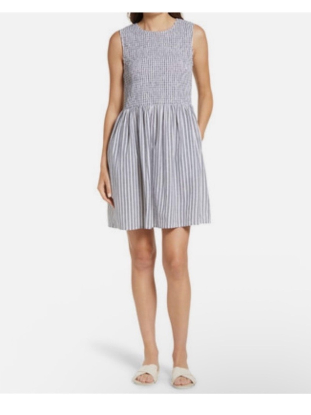 French Connection Sleeveless Striped Smocked Waist Mini Dress